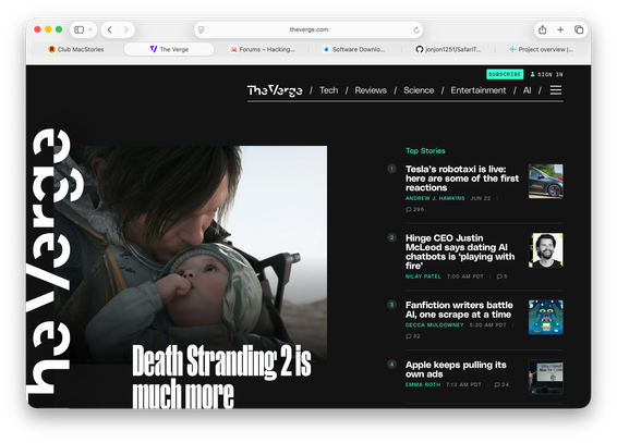 Safari on macOS Tahoe showing The Verge. Because of the extension I made the toolbar is a nice gray like before.