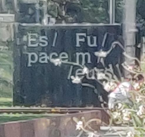 Sur cette photo on voit une sorte de stèle avec écrit :
Es /   Fu /
Pace m /
        / eurs

Si tu ne comprends rien c'est parce qu'il faut lire en colonne... 🙃 Espace Fumeurs