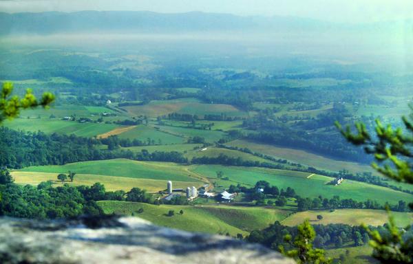 We are standing on a slab of very light gray rock atop a mountain looking between and above trees down to a wide agricultural valley hundreds of feet below (several hundred meters). Beneath a hazy, whitish summertime sky, the valley below looks slightly indistinct. The valley is relatively flat. Most of it is green pastures and farm fields, with also large swaths of forest. A few narrow country roads, farm buildings and tiny villages are also visible. Misty in the distance, there is a long, low mountain running along the far side of the valley. Its base is hidden by a layer of fog.