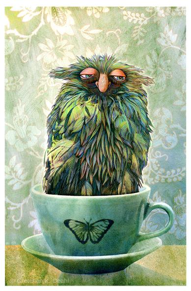 Set against a wallpaper backdrop of pale flowering vines, a porcelain teal teacup sits on a plate. In the cup, a sleepy, feathered green-blue monster tilts slightly sideways, Its large droopy eyes and large pink nose look out in a drowsy gaze.