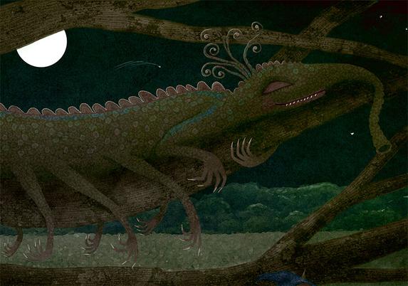 Seated on the branch of a tree, along with two other monster friends, a little blue monster nods off to sleep. One friend is tucked into the crook of the tree with a leaf for a blanket. The other is sprawled out on the branch above with all of its many legs dangling on either side.