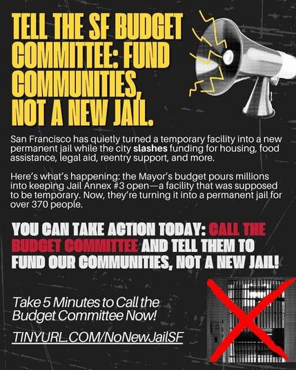 Black poster with yellow, white and red text, a megaphone and photo of a jail cell with a red X through it. The text asks people to call the Budget Committee now to tell them to reject a proposal to turn a temporary facility into a permanent jail.