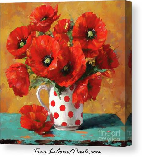 This is a canvas tuscan style still life some big red poppy flowers in a white and red polka dot vase on a teal weathered table against a yellow background.