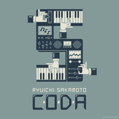 Graphic illustration, showing an "S" existing of retro music electronics and keyboards, being operated by hands. Underneath the "S" is the title "Ryuichi Sakamoto: Coda."