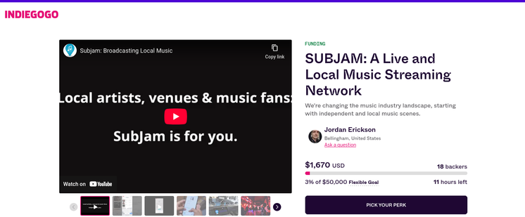 Screenshot of Indiegogo campaign current status with 11 hours left! https://www.indiegogo.com/projects/subjam-a-live-and-local-music-streaming-network/