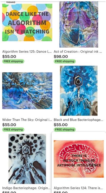 Screenshot of my Etsy shop with algorithm paintings, brain paintings, and ink paintings of bacteriophages