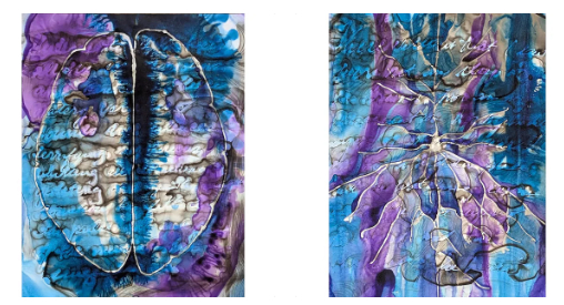 ink paintings in purple and blue with brain images and half-visible text