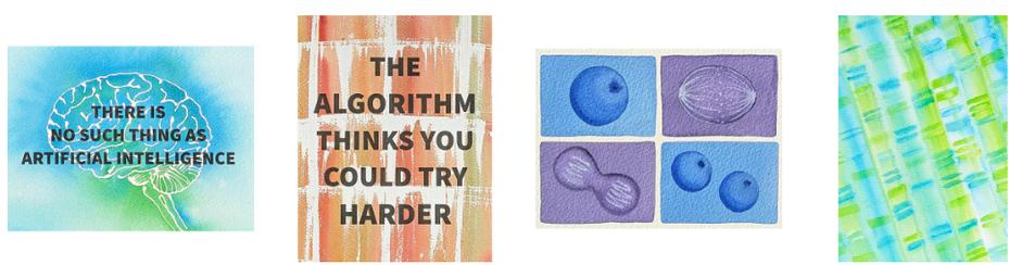 4 different watercolor paintings on science themes