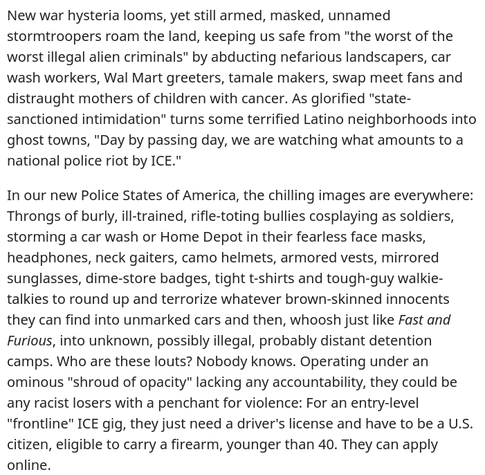 🇺🇲 Gestapo: You Guys Look Like Fucking Criminals
https://www.commondreams.org/further/gestapo-you-guys-look-like-fucking-criminals

🇺🇲 🇬🇧 🇨🇦 #Trump #Christofascism #antiLGBTQ #transgenocide
🇨🇦 #Poilievre #DanielleSmith #ScottMoe #Trumpism

🏳️⚧️ #TransLivesMatter
https://mastodon.social/@persagen/114186381298087870

#capitalism #billionaires #corporations #inequality #discrimination

Collaborate, advocate, vote, educate, resist
#DemocraticSocialism #socialism #ecosocialism #unionize #solidarity #environmentalism #justice #equality