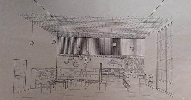 Palais de la Découverte. [Projet de ] bibliothèque (1969). Plan calque représentant la bibliothèque avec des tables et chaises au centre et des étagères de livres sur les côtés. Des abats jours en forme de boule pendent du plafond ; à droite on devine une grande et haute fenêtre
