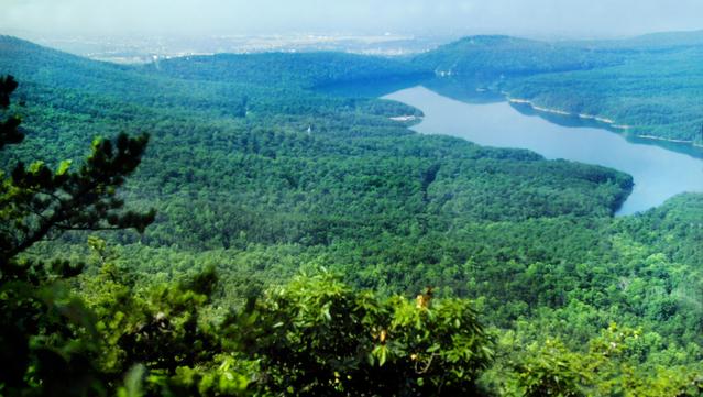 We are high atop a ridge crest, looking down over the treetops down into a valley hundreds of feet below with a large lake surrounded by forest. Above a pair of low wooded ridges rising above the far end of the lake we can dimly see the northern suburbs of Roanoke, Virginia through a thick summer haze: a mix of farms and villages with a few built-up areas.