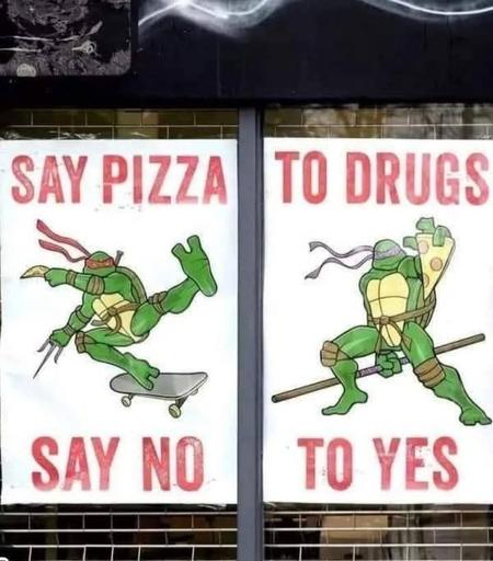 two of the teenage mutant ninja turtles on cards that say "Say pizza say no" and To drugs to yes