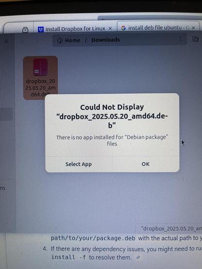 An error informing the user that there is no app installed for Debian package" files.