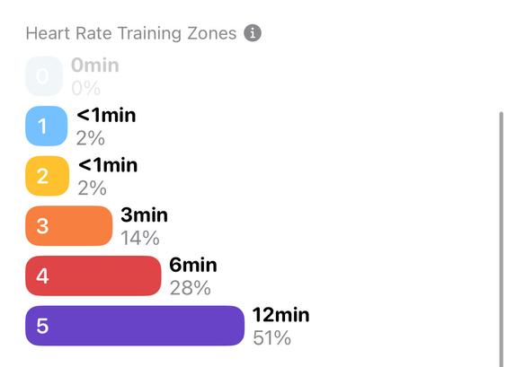 HR training zone charts. 51% in zone 5.