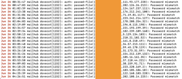 Excerpt from the log from my mail server, showing line after line of seemingly random IP addresses trying to log in to my mail server as me, but failing the password check. This is the typical pattern of a botnet attack.
