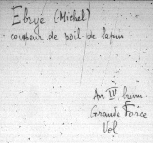 Fiche index relative à Michel Ebrye, coupeur de poil de lapin, emprisonné pour vol à la prison de la Grande Force en l'an IV (Paris)
