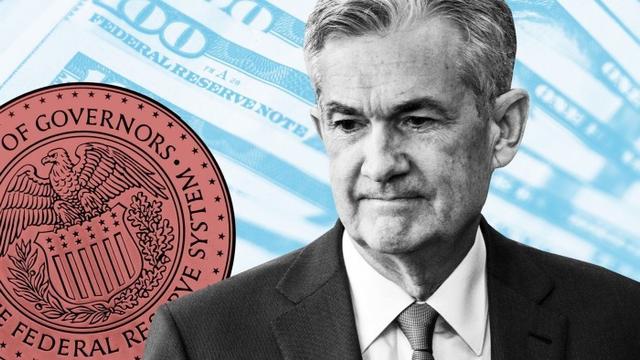 Jay Powell in a composite image with a background of US dollar notes and the Federal Reserve seal