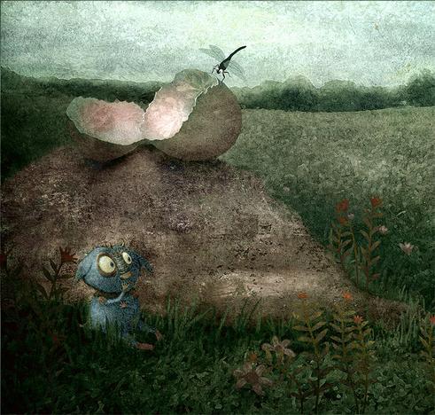The Mysterious Monster March: JUST HATCHED
One cloudy morning a just-hatched baby monster sits alone in the grass next to a large boulder. It shivers with cold and hunger. Above, it's cracked egg balances precariously, while a hovering dragonfly looks down with interest. In the far distance, three quarreling monsters argue about who is responsible for an escaped pink balloon.