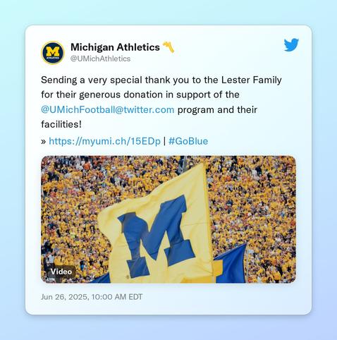 Sending a very special thank you to the Lester Family for their generous donation in support of the @UMichFootball program and their facilities! 

» https://t.co/Y9OOzUsCkh | #GoBlue https://t.co/yZ8W43JYnE