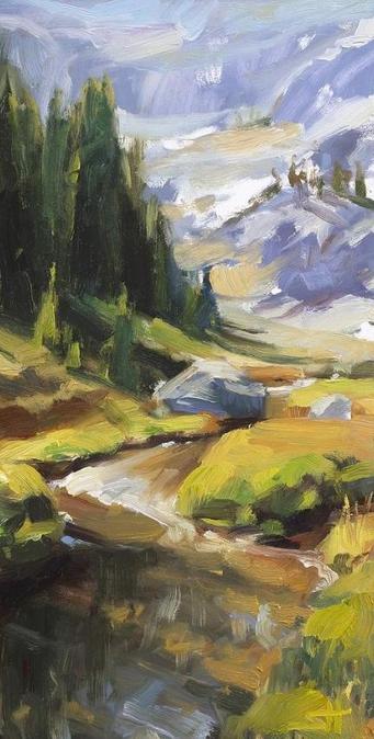 Art print of an original oil painting depicting a quiet stream running through a mountain wilderness landscape.