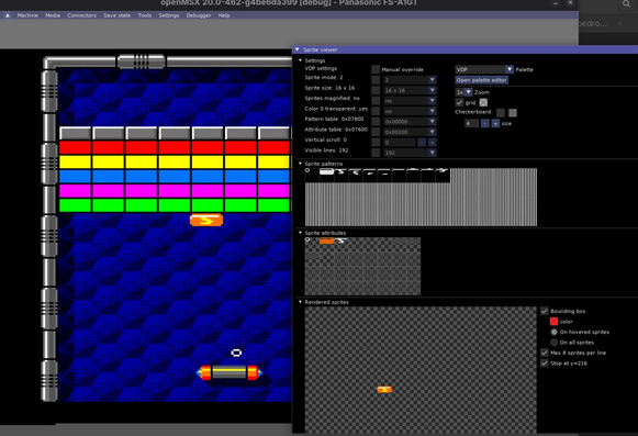 An OpenMSX debug window displays two combined sprites (in a 3-colour result using OR-colour combinations) for an animated "Slow" energy pill.