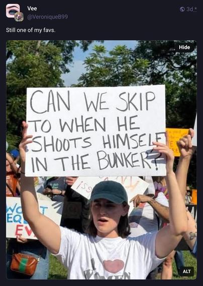 Photo of female demonstrator holding a board with words - 

“Can we skip to when he shoots himself in the bunker ?”