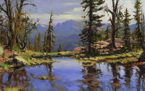 Art print of an original oil painting depicting a rugged landscape in the mountain wilderness.