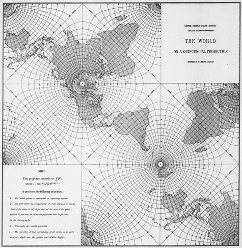 World map titled "The World on a Quincuncial Projection", from Peirce (1879)