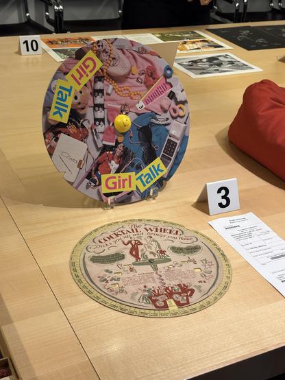 Two examples of volvelles, rotating disks used to display information or perform calculations. One shows cocktail recipes and the other is an 80s game called Girl Talk