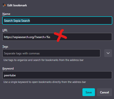 screenshot showing the dialog that pops up when you add a search keyword for sepia search having the wrong URL