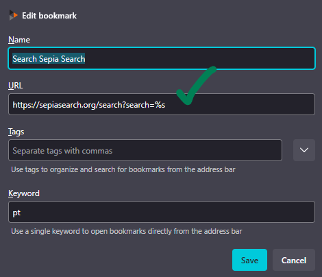 screenshot showing the dialog that pops up when you add a search keyword for sepia search having a corrected URL
