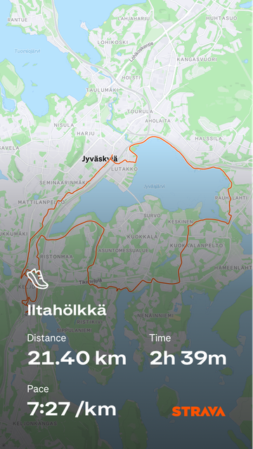 Map: 21.40km, time 2h 39m, avg pace 7:27
