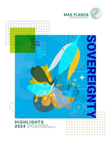 The cover of the Max Planck Society research highlights 2024. The title is sovereignty. On the cover you'll see an illustration of a flower and an insects in blue, orange an white colors.