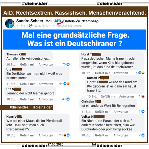 Sandro Scheer, MdL der AfD in Baden-Württemberg und Kreisvorsitzender der AfD Göppingen fragt gestern Abend "Mal eine grundsätzliche Frage. Was ist ein Deutschiraner?" auf seiner Facebook-Seite.

Wir zeigen auf Slide 1 u.a. die Kommentare 
"Auf alle fälle kein deutscher...", "Ein Dorfköter wo man nicht weiß was drinnen steckt.", "Jemand der nicht hierher gehört.", "Wie bei einer Maus, die im Pferdestall lebt. Dazu sagt man auch Pferdemaus???", "Papa deutscher, Mama Iranerin, oder umgekehrt, wenn Kind hier geboren wurde, ist das Kind deutsch/Iraner." mit der Antwort "wurde das Kind am Klo geboren ist es dann ein Häusl Iraner?", "Ist ein anderes Wort für Remigration." und "Ein Nichts, ein Parasit der sich auf andere Knochen bereichert, also wie Bürokraten oder politikergesockse."