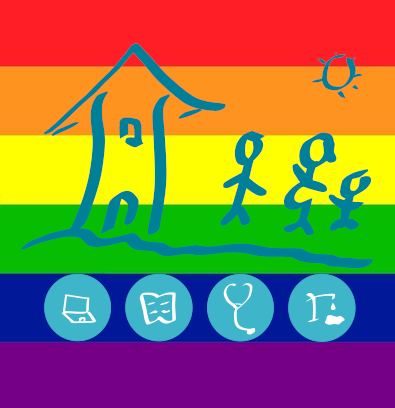 GNU Health icon (house with a three-member family with the mom pregnant and the emoticons of technology, literacy, health and water) with the LGTBI flag in the background.