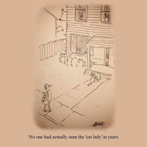 A cartoon illustration of a newspaper delivery person walking past a house that has a cat picking up the paper and lots of other cats peeking from windows. Caption reads "No one had actually seen the 'cat lady' in years."