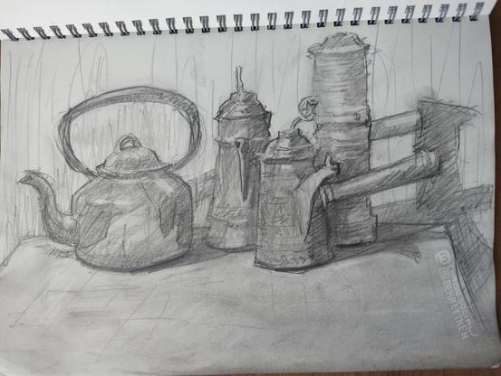 Pencil on paper

Sketch of different vintage teapots on a table