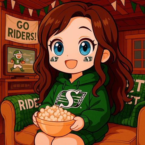 Cute cartoon image of Ali in rider gear in a cozy living room