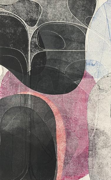 monoprint on paper with textured, curved shapes in shades of black and pink with heavy embossing providing a range of tones in the inked areas.