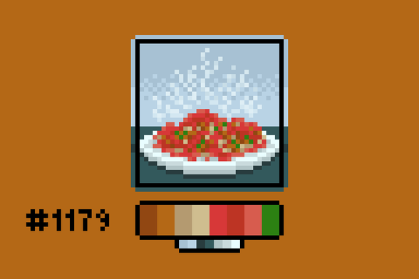 Pixel art of a steaming plate of takeout sweet & sour chicken. Underneath a pile of bright red sauce, you can kind of see rice, chicken lumps, and some peppers.