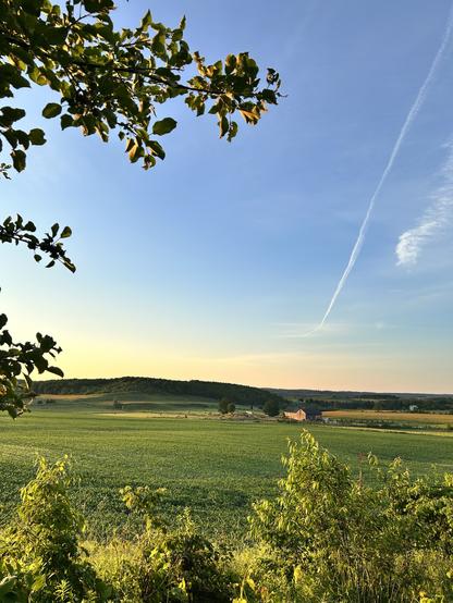 A blue blue sky, with a contrail and a cloud over green trees and forests, green hills, and green pastures. You can see the barn halfway across to the next line with horses, and hay that has already been bailed.