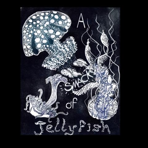 As described this linocut shows 3 different species of jellyfish with the words ‘A smack of jellyfish’. I show them smacking their tentacles together in some sort of deepsea high five. I've included only those translucent, tentacled umbrella-shaped creatures, which are truly jellyfish, or the major non-polyp form of individuals of the phylum Cnidaria. 

The typography I designed for the words represents their meaning; "smack" mimics the motion of a smack with the letters colliding; the word "Jellyfish" is made of tentacle and bell-shaped letters.

These linoleum block printed jellyfish are printed on Japanese kozo, or mulberry paper. The block is inked 'à la poupée', meaning the multiple colours (blue-black, navy, pale violet and pink ink) are all inked at the same time, in small areas, and the print is pulled all at once.  Each print is 15.5" by 12.5" or 39 cm by 32 cm in dimension.