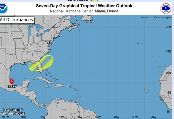 Graphic showing Tropical Storm Barry and named disturbance of of Florida Panhandle.
