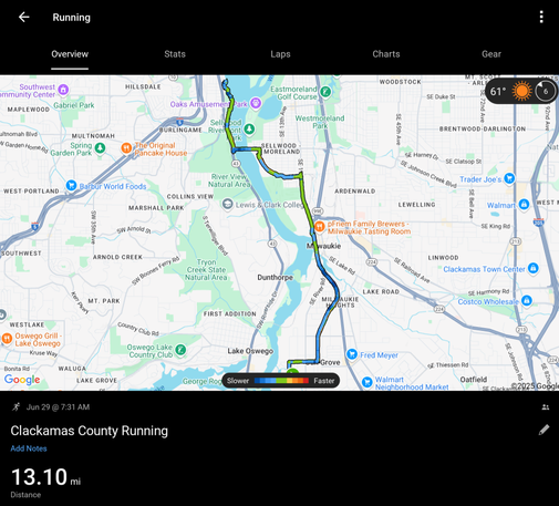 Map of a 13.1 mile run through SE Portland