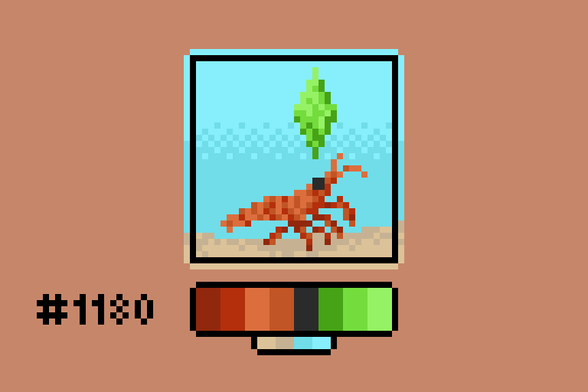 Pixel art of a reddish shrimp minding its own business underwater when a Sims-style green plumbbob icon thingy appears over its head.