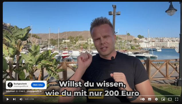 Some white dude speaking German trying to claim that people can get € 1.000 p.m. passive income with just € 200 one-time investment.

Source: https://www.youtube.com/watch?v=J8J4icxoF0M