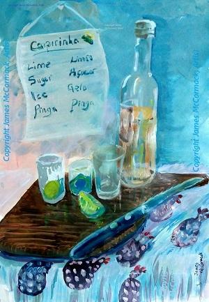 G.
Caipirinha, a brazilian drink made from pinga(distilled from sugar cane) lime, sugar, crushed ice.
This painting shows the ingredients for a special cocktail, best served at the beach.