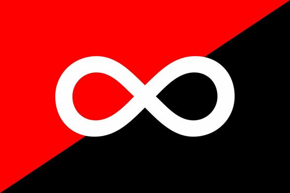 Flag with a white infinity symbol centered on a diagonally split red and black background. The red and black sections represent anarchist and syndicalist traditions, while the white infinity symbol stands for autistic identity and neurodiversity.