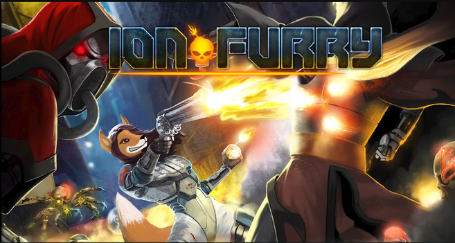 Iron Fury logo screen but it's spelled "Iron Furry" and Shelly is an anthro fox.
