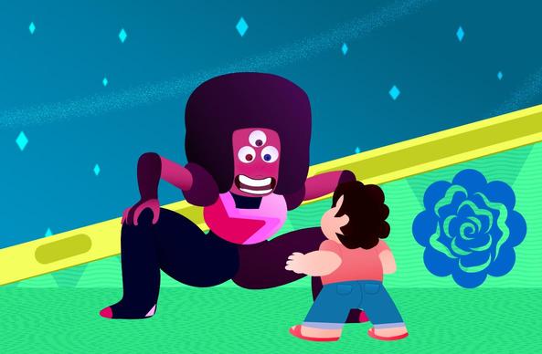 lustración completa de Garnet y Steven, un redraw del momento de la primera temporada en que Steven descubre quién es. No lleva sus gafas y Steven está de espaldas. El fondo sí es creación mía, inspirado en la nave de Peridot pero con modificaciones para que se vea el cielo y vaya más a juego con las imagenes que hice de Amatista y Pearl